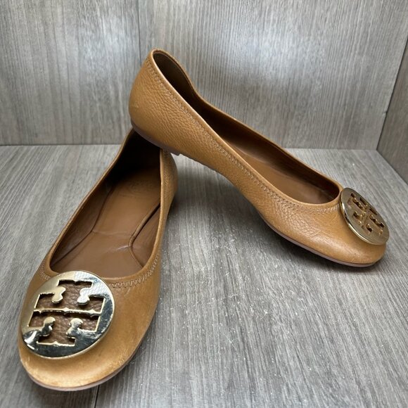 Tory Burch Reva Ballet Flats Womens 8.5M Gold Logo Slip On Pebbled Leather Brown - Picture 8 of 13